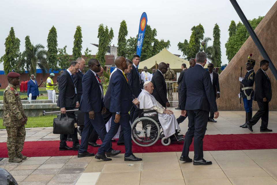 Pope Francis arrives in Kinshasa, Congo, Tuesday Jan. 31, 2023. Francis is in Congo and South Sudan for a six-day trip, hoping to bring comfort and encouragement to two countries that have been riven by poverty, conflicts and what he calls a "colonialist mentality" that has exploited Africa for centuries. (AP Photo/Jerome Delay)