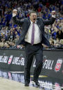 FILE - In this March 10, 2018, file photo, Kansas head coach Bill Self celebrates after winning the NCAA college basketball championship game against West Virginia in the Big 12 men's tournament, in Kansas City, Mo. Kansas has been ranked No. 1 in The Associated Press Top 25 preseason poll released Monday, Oct. 22, 2018. (AP Photo/Charlie Riedel, File)