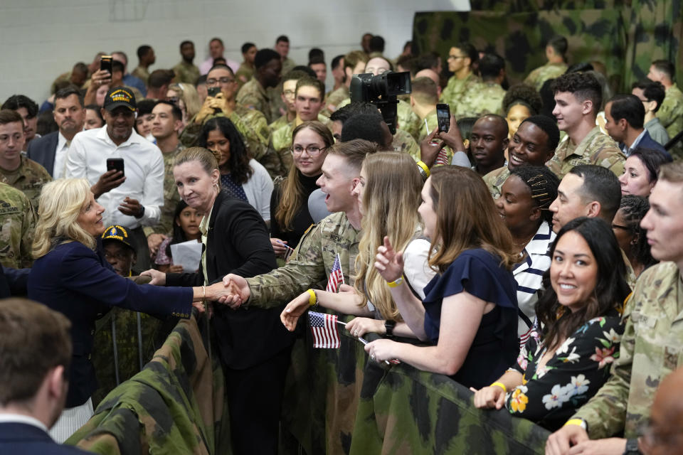 First lady Jill Biden greets people during a visit to Fort Liberty, N.C., Friday, June 9, 2023. (AP Photo/Susan Walsh)