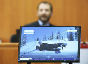 FILE - Dr. Irving Scher shows an accident simulation during testimony in Gwyneth Paltrow's trial, on March 28, 2023, in Park City, Utah. Paltrow's live-streamed trial over a 2016 collision at a posh Utah ski resort has drawn worldwide attention, spawning memes and sparking debate about the burden and power of celebrity. (Jeffrey D. Allred/The Deseret News via AP, Pool, File)