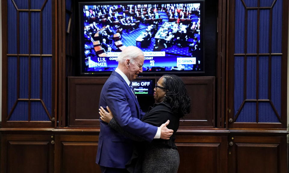 President Biden and Judge Ketanji Brown Jackson as they watch the Senate vote to confirm her nomination to the Supreme Court from the Roosevelt Room of the White House on Thursday. 