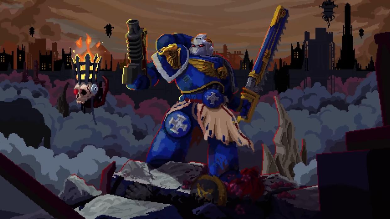  A space marine wields a chainsword and boltgun. 