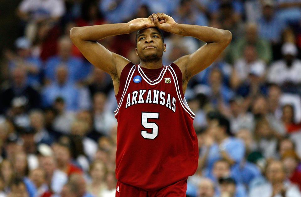 RALEIGH, NC – MARCH 23: Darian Townes #5 of the Arkansas Razorbacks reacts after a turnover to the <a class="link " href="https://sports.yahoo.com/ncaaw/teams/n-carolina/" data-i13n="sec:content-canvas;subsec:anchor_text;elm:context_link" data-ylk="slk:North Carolina Tar Heels;sec:content-canvas;subsec:anchor_text;elm:context_link;itc:0">North Carolina Tar Heels</a> during the 2nd round of the East Regional of the 2008 NCAA Men’s Basketball Tournament at RBC Center March 23, 2008 in Raleigh, North Carolina. (Photo by Kevin C. Cox/Getty Images)