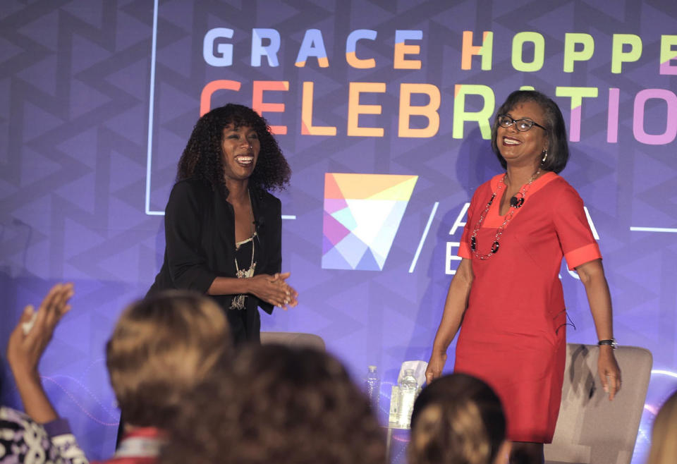 Anita Hill acknowledges the audience during a forum on Friday, Sept. 28, 2018 in Houston. Hill says one of the things that stood out to her from Supreme Court nominee Brett Kavanaugh's hearing was how his emotional and angry testimony compared to the calm testimony of the woman accusing him of sexual assault. (Elizabeth Conley /Houston Chronicle via AP)