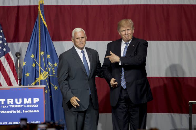 Donald Trump and Indiana Gov. Mike Pence at a campaign rally July 12 in Westfield, Ind. (Photo: Aaron P. Bernstein/Getty Images)