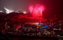 <p>This pool video grab shows fireworks going off during the opening ceremony of the Pyeongchang 2018 Winter Olympic Games at the Pyeongchang Stadium on February 9, 2018. / AFP PHOTO / POOL / OBS-IOC </p>