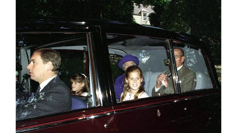 The Queen, Prince Philip, Prince Andrew And Princess Beatrice And Princess Eugenie  Travelling  To Sunday Service At Crathie Church, Balmoral  