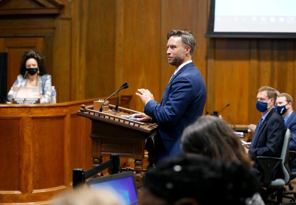 State Sen. Lincoln Hough, a Springfield Republican, speaks at a Springfield City Council meeting in 2021. 