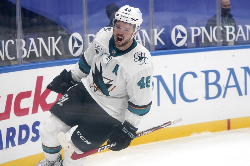 San Jose Sharks' Tomas Hertl celebrates after scoring the game winning goal against the St. Louis Blues during a shootout of an NHL hockey game Wednesday, Jan. 20, 2021, in St. Louis. (AP Photo/Jeff Roberson)