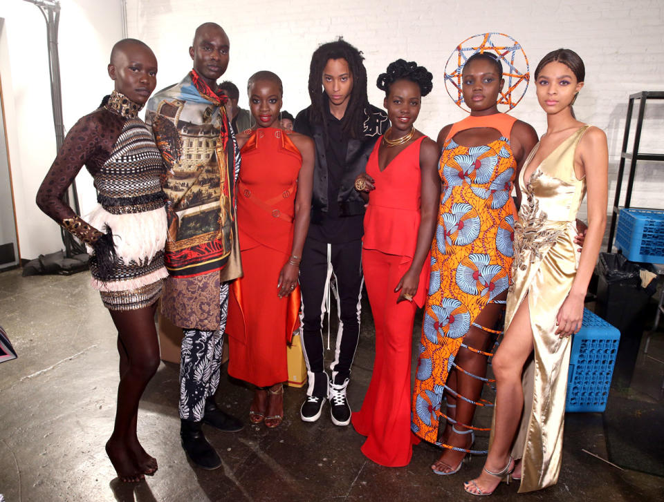 <p>Lupita Nyong’o poses with the models from the Black Panther Welcome to Wakanda NYFW fashion presentation. (Photo: Courtesy of Marvel Studios Black Panther/Getty) </p>