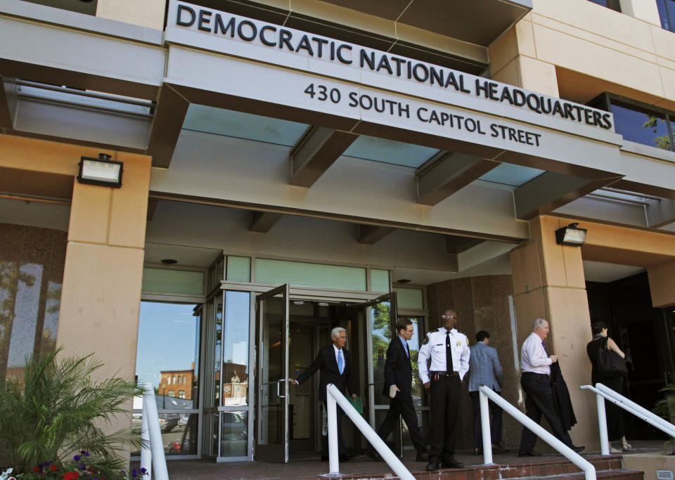 FILE - This Tuesday, June 14, 2016 file photo shows the entrance to the Democratic National Committee (DNC) headquarters in Washington. On Friday, Sept. 27, 2019, The Associated Press reported on stories circulating online incorrectly asserting that the FBI only relied on the word of a cybersecurity firm, CrowdStrike, to determine that Russia hacked the emails of the Democratic National Committee. CrowdStrike provided forensic evidence and analysis for the FBI to review during its investigation into a 2016 hack of DNC emails. (AP Photo/Paul Holston)