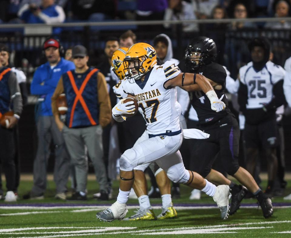 Augustana defensive back Eli Weber (17) intercepts a pass  in the Key to the City" game at Bob Young Field on Thursday, Sept. 26, 2019.