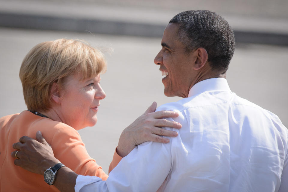 Obama and Merkel&nbsp;on the Pariser Platz in front of the Brandenburg Gate on June 19, 2013, in Berlin, Germany.