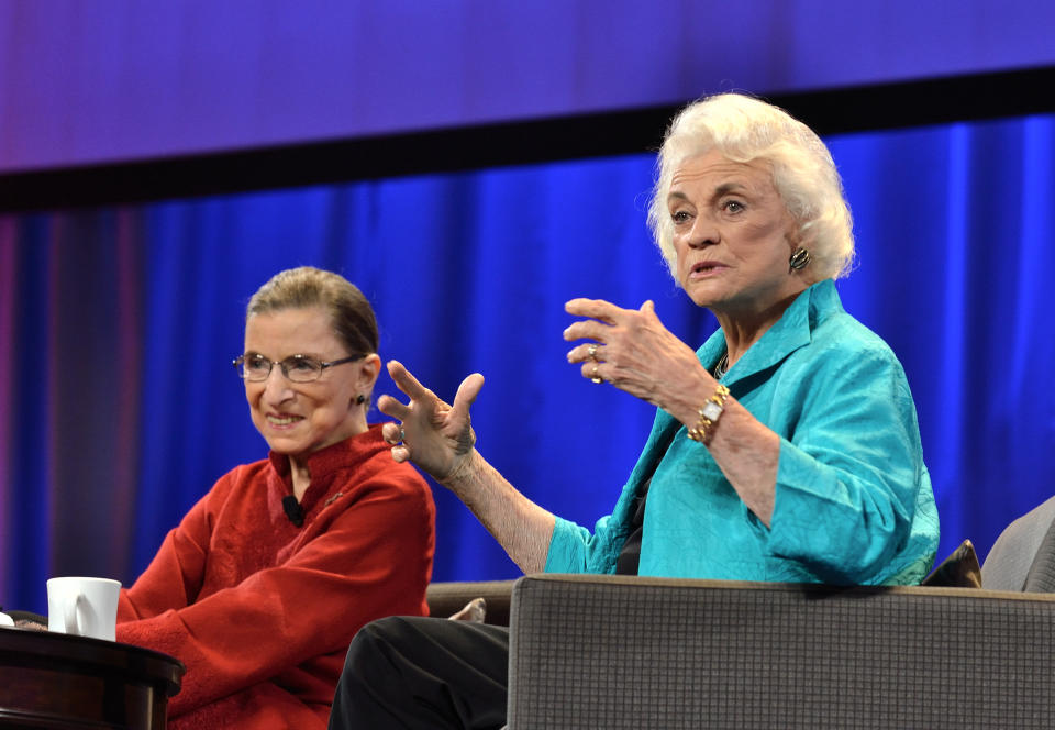 Diane Sawyer leads a discussion with U.S. Supreme Court justice Ruth Badar Ginsburg, left, and retired justice Sandra Day O'Connor, during the Women's Conference in Long Beach, CA on October 26, 2010.