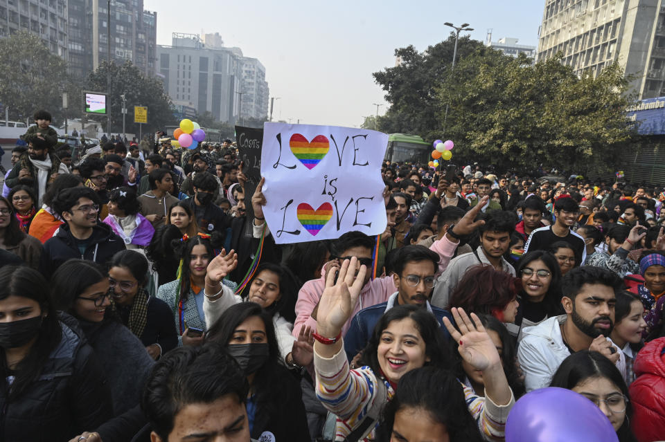 Members of the LGBTQ community and their supporters march demanding equal marriage rights in New Delhi, India, Sunday, Jan.8 2023. The government is yet to legalize same-sex marriages in the country even though the Supreme Court in 2018 struck down a colonial-era law that made gay sex punishable by up to 10 years in prison. (AP Photo)