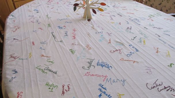 PHOTO: Deb Mills, of Clinton, Missouri, has everyone that joins them for Thanksgiving sign their name on her tablecloth. (Courtesy of Deb Mills)