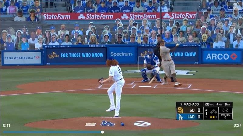 道奇新秀梅伊（Dustin May）再次投出超狂尾勁的伸卡球。（圖／翻攝自MLB官網）