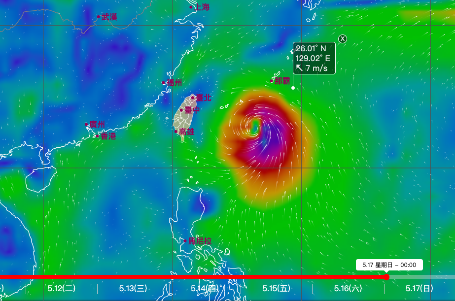 根據中央氣象局風場預測顯示圖，這個熱帶擾動接近呂宋島後將北轉，17日有機會靠近巴士海峽附近。   圖：取自中央氣象局