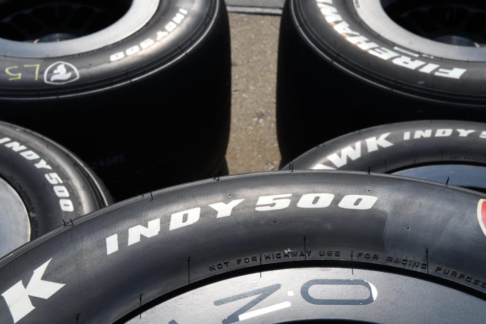 INDIANAPOLIS, IN - MAY 17: These Firestone Firehawk race tires are specially marked for the 107th Indianapolis 500 and were used in the first practice, Wednesday, May 17, 2023, on the Indianapolis Motor Speedway in Indianapolis, Indiana. (Photo by David Allio/Icon Sportswire via Getty Images)