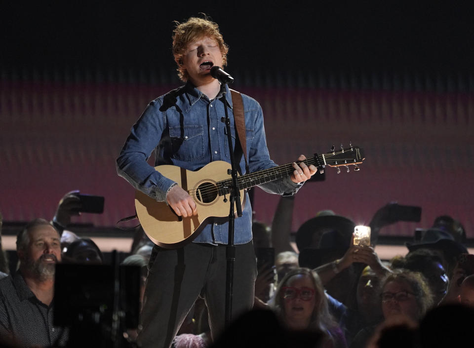 Ed Sheeran performs "Life Goes On" at the 58th annual Academy of Country Music Awards on Thursday, May 11, 2023, at the Ford Center in Frisco, Texas. (AP Photo/Chris Pizzello)