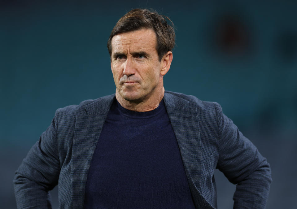 SYDNEY, AUSTRALIA - SEPTEMBER 01: Andrew Johns looks on during the round 27 NRL match between South Sydney Rabbitohs and Sydney Roosters at Accor Stadium on September 01, 2023 in Sydney, Australia. (Photo by Matt King/Getty Images)