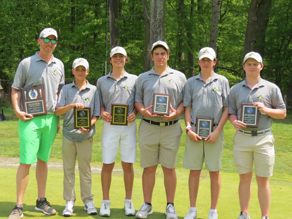 St. Joseph won the Bergen County Small Schools golf team title at Soldier Hill GC in Emerson on Thursday, May 11, 2023. From left: Coach Kevin Rooney, Darren Coyle, Michael Asselta, John Souva, Liam Moloney, and Padraig Leahy.