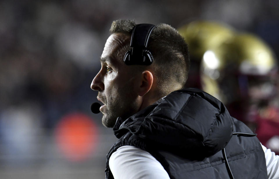 Boston College head coach Jeff Hafley looks on during the first half of an NCAA college football game against Duke, Friday, Nov. 4, 2022 in Boston. (AP Photo/Mark Stockwell)