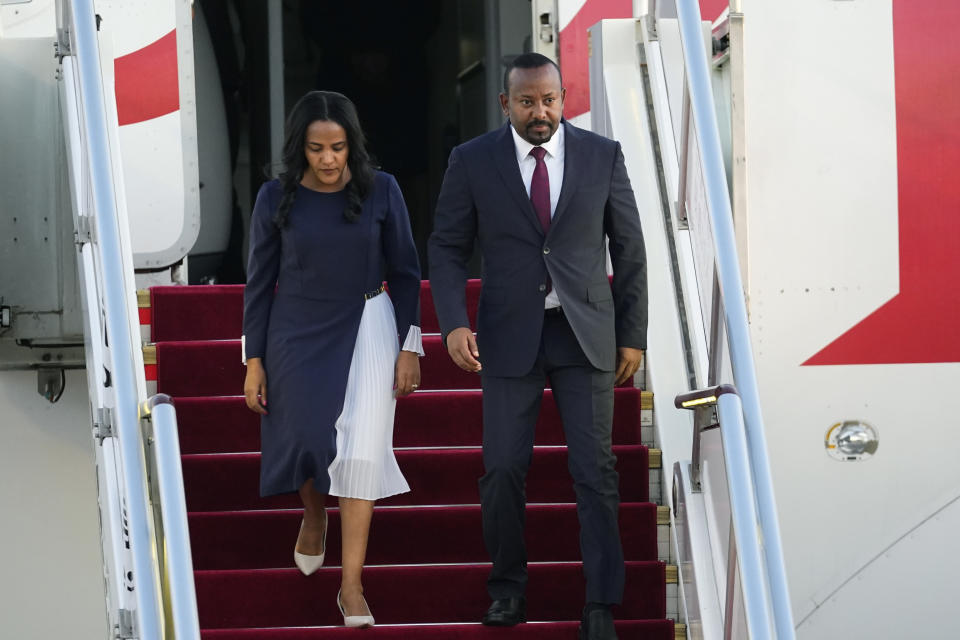 Ethiopian Prime Minister Abiy Ahmed arrives at Beijing Capital International Airport to attend the Third Belt and Road Forum in Beijing, Monday, Oct. 16, 2023. (Ken Ishii/Pool Photo via AP)