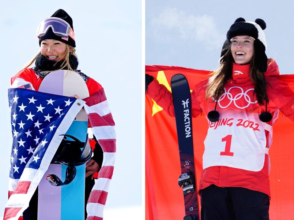 Chloe Kim (left) and Eileen Gu at the 2022 Beijing Olympics.