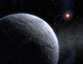 A newly discovered planet, designated by the unglamorous identifier of OGLE-2005-BLG-390Lb, orbits a red star five times less massive than the Sun and located at a distance of about 20,000 light years, in this undated artist's impression. A new planet-hunting technique has detected the most Earth-like planet yet around a star other than our sun, raising hopes of finding a space rock that might support life, astronomers reported on January 25, 2006. REUTERS/ESO/Handout