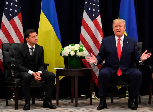 Donald Trump, pictured with Ukraine's president, Volodymyr Zelensky, held up the delivery of U.S. military aid to Ukraine while demanding that Zelensky announce an investigation into Trump's presidential rival Joe Biden. (Photo: SAUL LOEB/AFP via Getty Images)