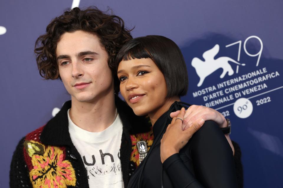 Timothée Chalamet and Taylor Russell attend the photocall for "Bones And All" at the 79th Venice International Film Festival on September 02, 2022 in Venice, Italy.
