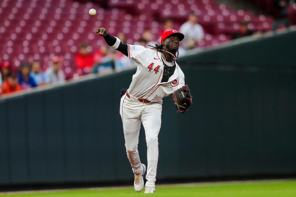 Apr 23, 2024; Cincinnati, Ohio, USA; Cincinnati Reds shortstop Elly De La Cruz (44) throws to first to get Philadelphia Phillies outfielder Nick Castellanos (not pictured) out in the first inning at Great American Ball Park.