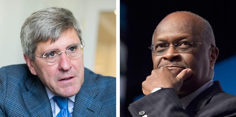 Stephen Moore and Herman Cain in Washington on Aug. 31, 2016, and June 20, 2014, respectively.