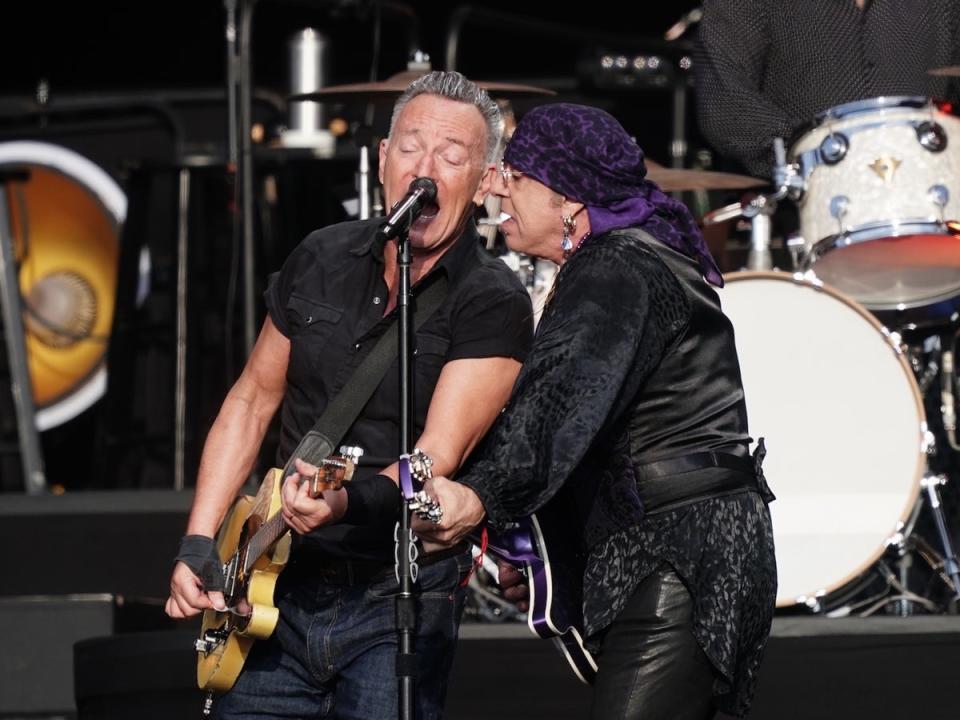 Bruce Springsteen and Steven Van Zandt together on stage in Hyde Park on Thursday 6 July (PA)