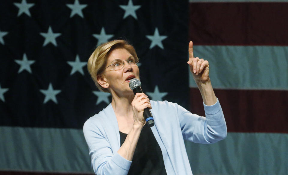 Democratic presidential candidate Sen. Elizabeth Warren, D-Mass., speaks during an campaign rally Wednesday, April 17, 2019, in Salt Lake City. (AP Photo/Rick Bowmer)