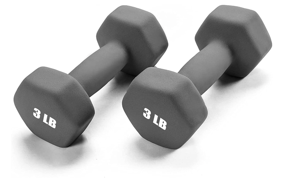 Gray dumbbells with 3 lb writing.