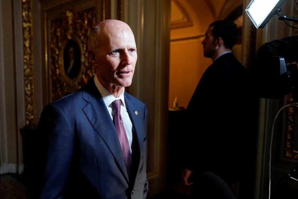 Senator Rick Scott speaks to media during break in the Trump impeachment trial in Washington