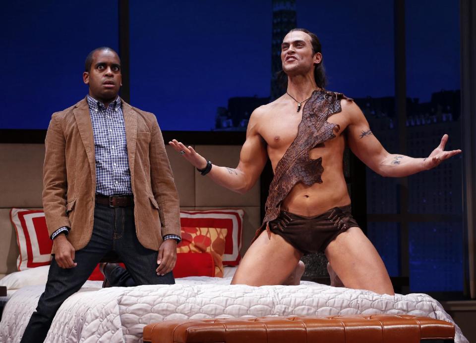 This theater image released by Sam Rudy Media Relations shows Daniel Breaker, left, and Cheyenne Jackson during a performance of "The Performers," in New York. (AP Photo/Sam Rudy Media Relations, Carol Rosegg)