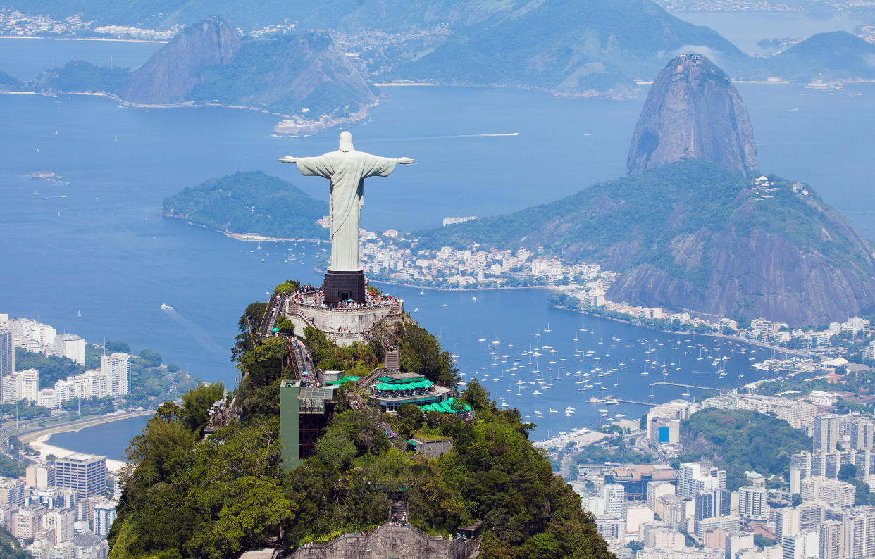 Rio de Janeiro, Brazil - December 28, 2013: Aerial view from a helicopter of Rio de Janeiro with the Corcovado mountain and the statue of Christ the Redeemer with Sugarloaf mountain in the background.