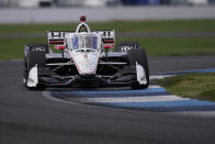 Josef Newgarden steers his car during a practice session for an IndyCar auto race at Indianapolis Motor Speedway, Thursday, Oct. 1, 2020, in Indianapolis. (AP Photo/Darron Cummings)