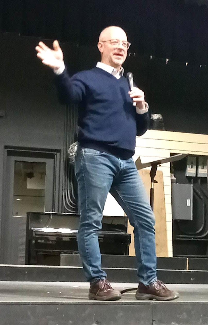 Amish and Mennonite Heritage Center Director Marcus Yoder kicked off a Jan. 27 leadership seminar at Hiland High School. Yoder set the tone for the program that focused on the necessary qualities and attributes of being a good leader.