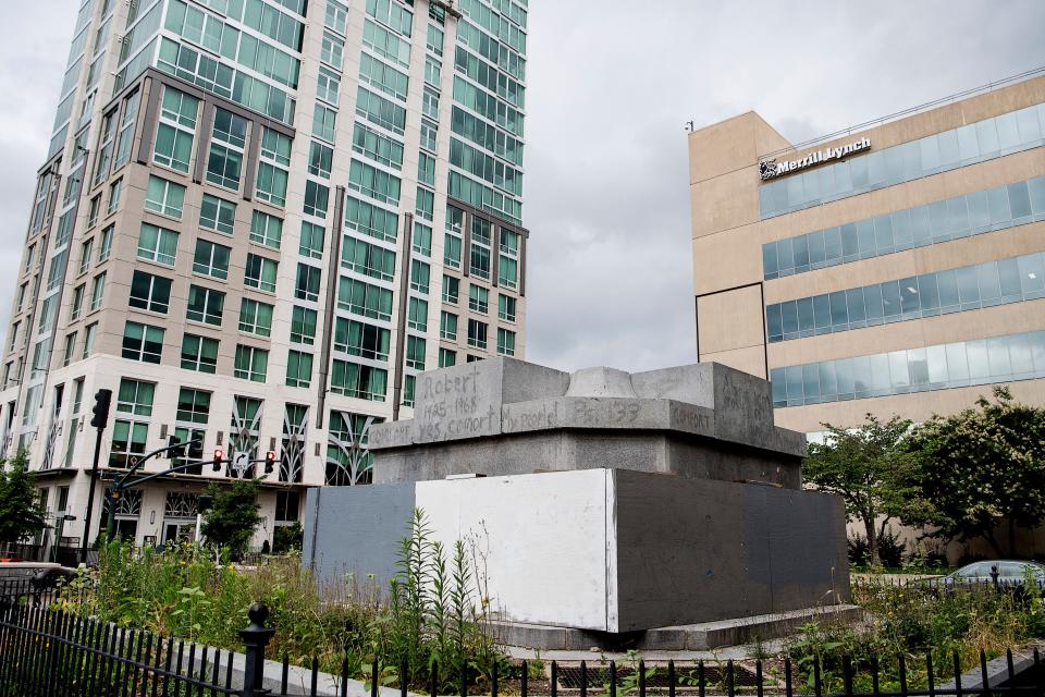 The base of Vance Monument remains in Pack Square in Asheville June 14, 2022.