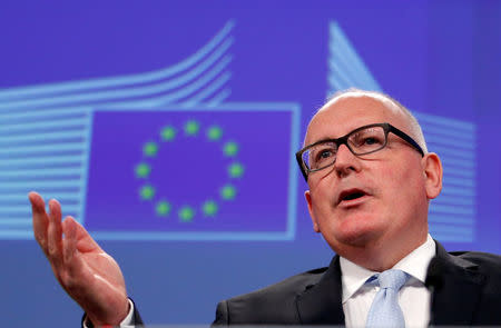 European Commission First Vice-President Frans Timmermans gestures as he addresses a news conference at the EU Commission headquarters in Brussels, Belgium, May 4, 2016. REUTERS/Francois Lenoir