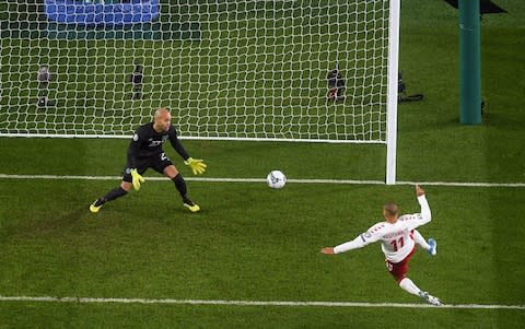 Martin Braithwaite scores for Denmark - Credit: getty images