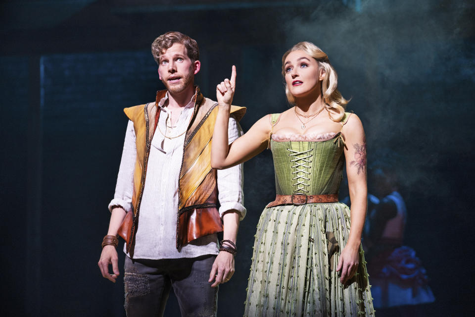 This image released by Grapevine Public Relations shows Stark Sands, left and Betsy Wolfe during a performance of "& Juliet" in New York. (Matthew Murphy/Grapevine Public Relations via AP)