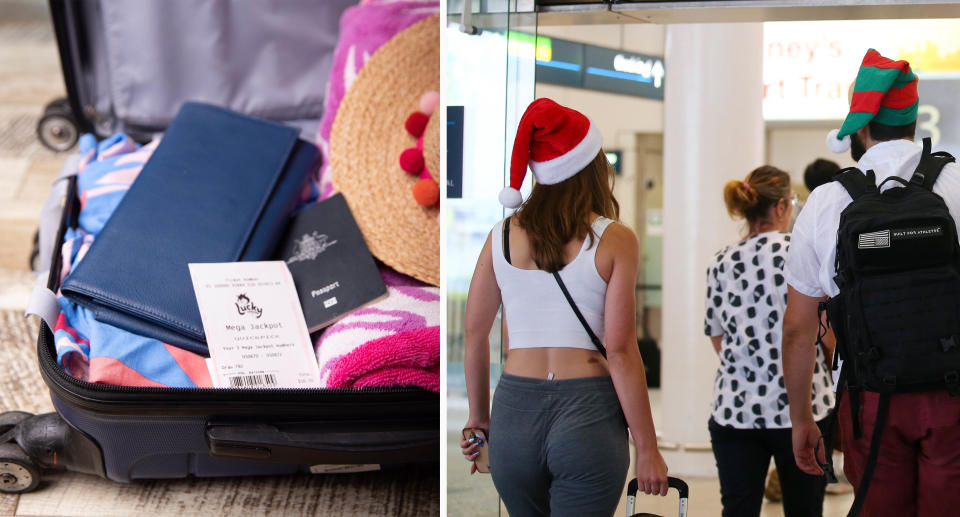 A Lucky Lotteries ticket in a suitcase (left) and people in Santa hats at the airport (right).