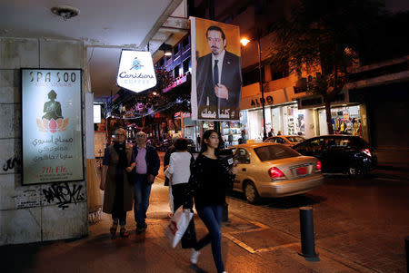 A poster depicting Saad al-Hariri, who has resigned as Lebanon's prime minister, is seen in Beirut, Lebanon, November 14, 2017. REUTERS/Jamal Saidi