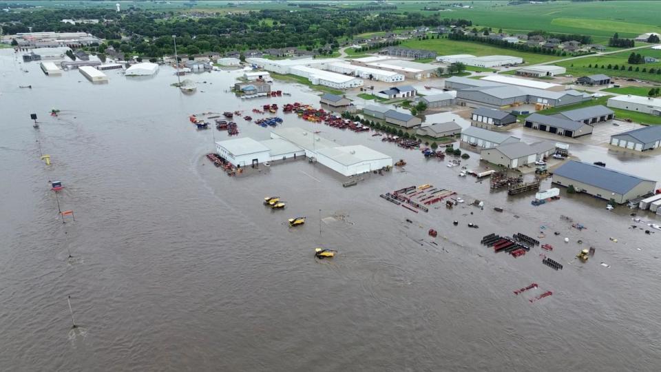 A drone view shows a flooded area following heavy rainfall in Rock Valley, Iowa, U.S. June 22, 2024, in this still image obtained from a social media video. (PHOTO: Chris VB/via REUTERS) (Chris Vb/Chris VB via Reuters)