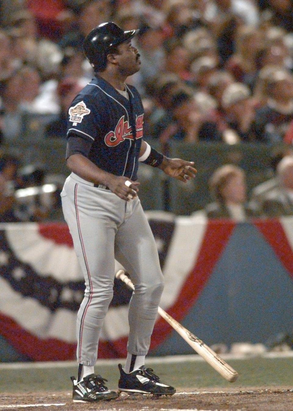 Cleveland's Eddie Murray watches his second inning two-run home run fly in Game 2 at the World Series in Atlanta, Sunday, Oct. 22, 1995.